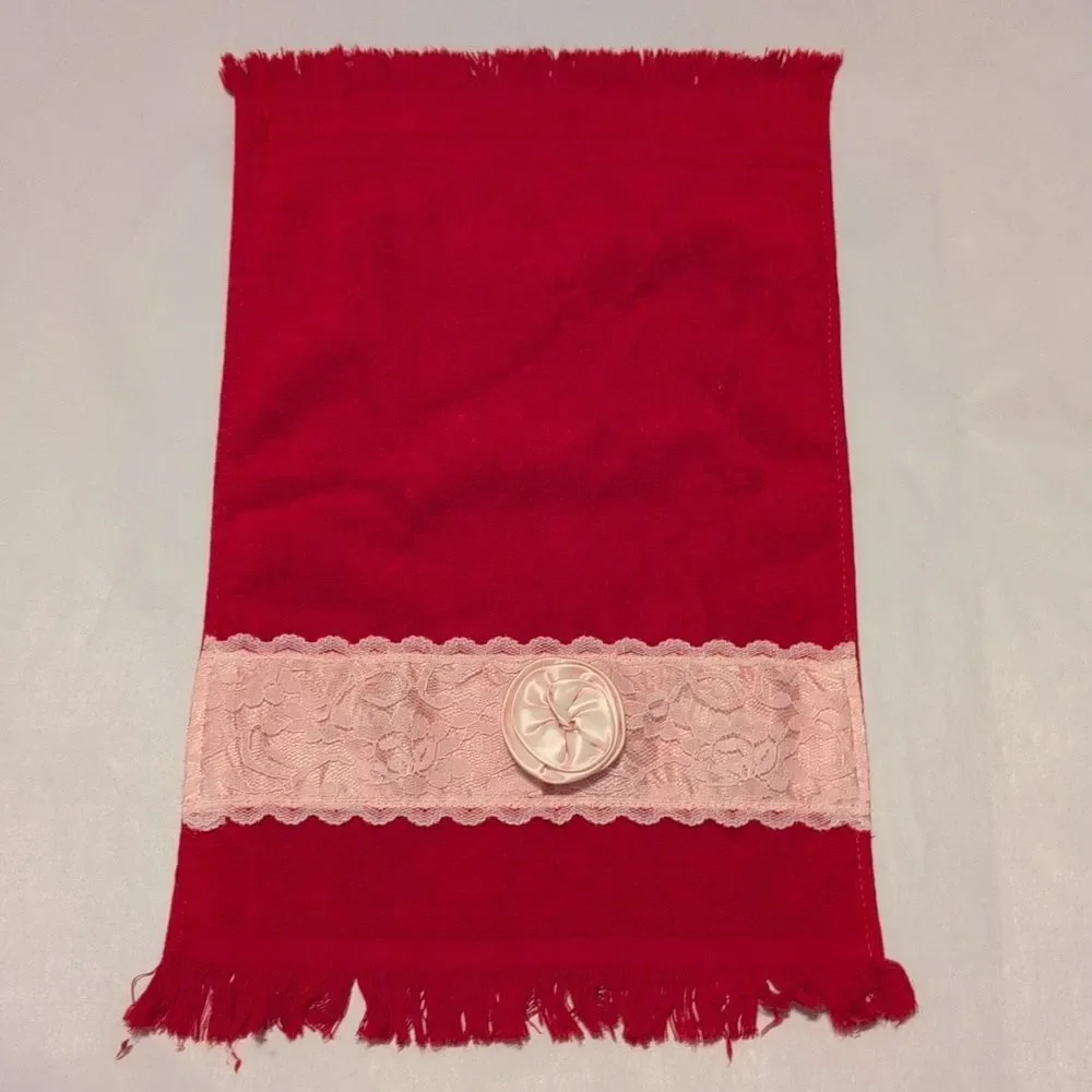 Vintage Cannon Red Cotton Hand Towel with Pink Lace Trim And Satin Rossette